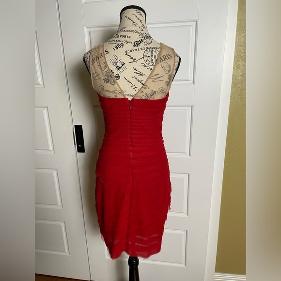BCBG MAXAZRIA MAIA ROUGE RED COCKTAIL NUDE MESH TOP PINTUCK GEORGETTE DRESS 4 - Picture 6 of 9